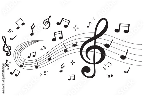 Musical notes flowing on staff lines silhouette