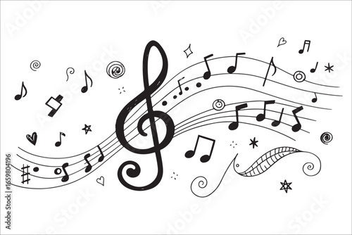 Handwritten music notes and treble clef art silhouette