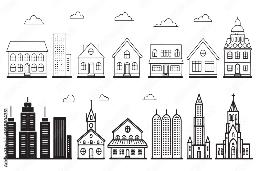 Fototapeta premium Collection of diverse building silhouettes for design silhouette