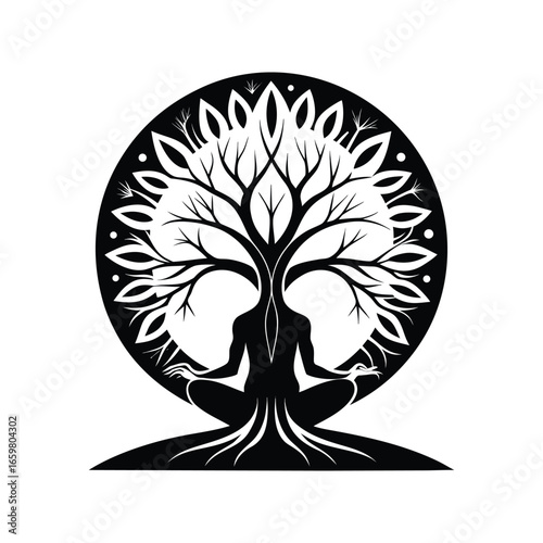 Mystical tree of life humanoid silhouette embracing cosmic circle