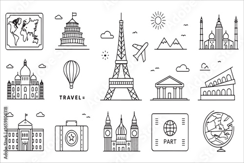 Collection of iconic travel landmarks and symbols silhouette