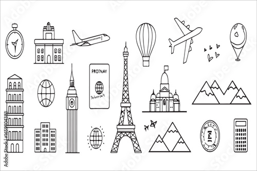 Collection of travel and landmark icons line art silhouette