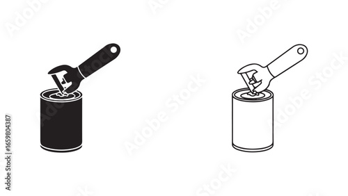 Can opener opening a tin with black and white outline