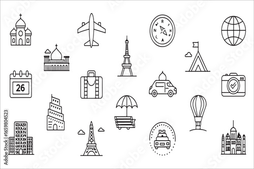 Collection of travel icons and landmarks silhouette
