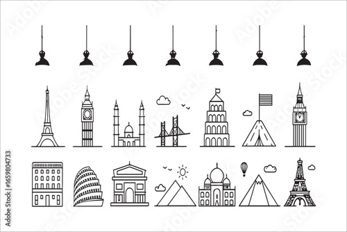 Collection of famous global architectural landmarks silhouette