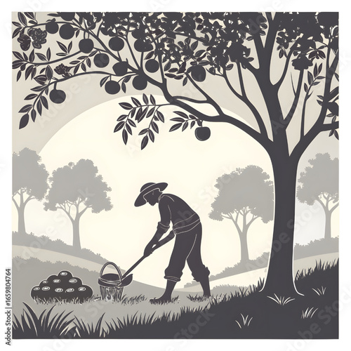 Retro-style silhouette illustration of a farmer working in a fruit garden at sunset.