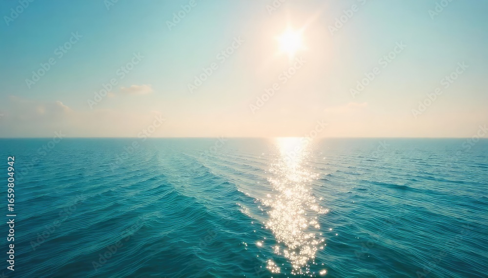 Obraz premium Vast, tranquil ocean stretching to the hazy horizon Sunlight glints on the calm water, creating a serene and peaceful atmosphere Perfect for travel, nature, and relaxation themes , ripple, blue