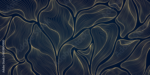 Vector art deco leaf pattern, golden line fancy luxury leaves background. Dark premium jungle print, nouveau ornate print