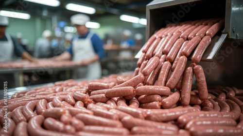 Massive conveyor belt system in a food processing plant efficiently producing a large quantity of raw sausages for distribution