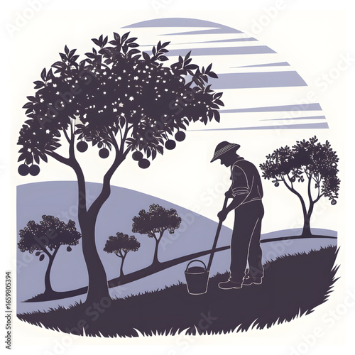 Retro-style silhouette illustration of a farmer working in a fruit garden at sunset.