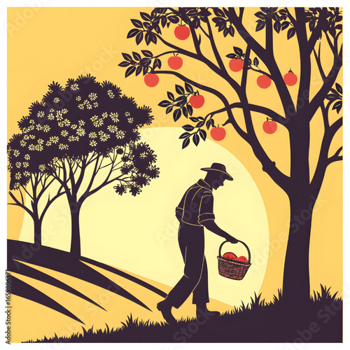 Retro-style silhouette illustration of a farmer harvesting apples in a fruit garden at sunset.