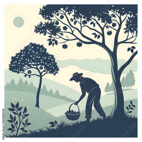 Retro-style silhouette illustration of a farmer picking apples in a fruit garden at sunset.