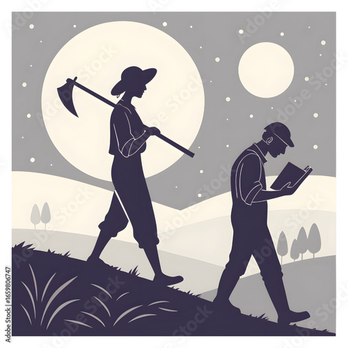 Minimalistic silhouette illustration of a farmer and a poet under the moonlight.