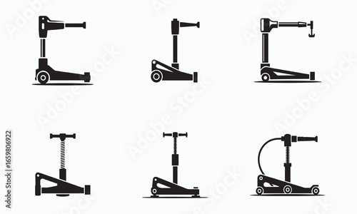 Hydraulic jack black silhouette icons set isolated on white background
