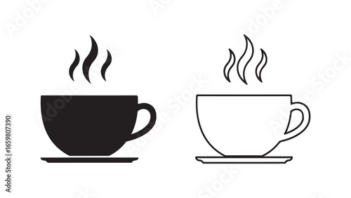 Coffee cup icons with steam, black and white