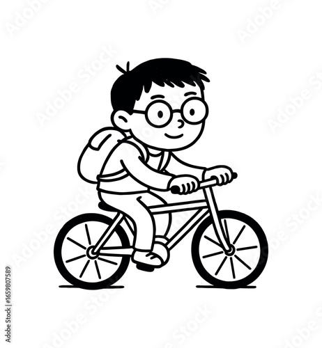 Doodle line comic style vector illustration asian boy with round glasses riding bicycle with backpack black outline simple imperfect lines minimal details isolated on white