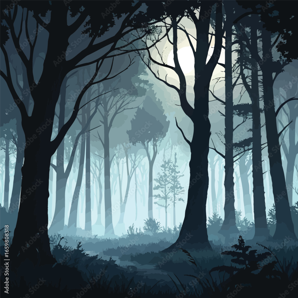 Naklejka premium Spooky forest with mist and dark trees, vector silhouette