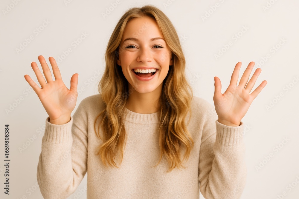 Smiling young woman with long hair waving hands Smiling young woman with long hair waving hands