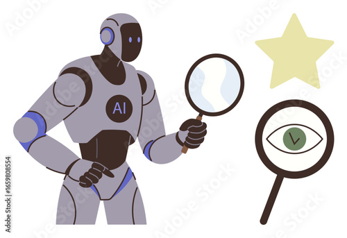 AI robot analyzing with magnifying glass, alongside abstract visuals of a star and an eye with a checkmark. Ideal for technology, AI, analysis, innovation, research, vision, validation simple flat