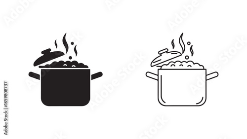 Cooking pot with steam outline icon