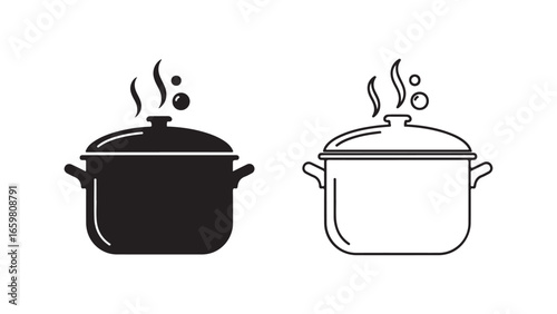 Cooking pot with steam, black and white outline