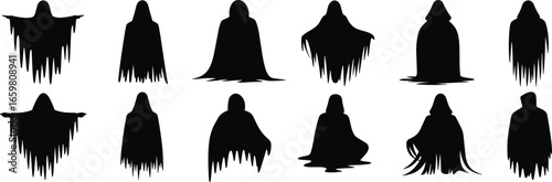 Ghost silhouette set, twelve eerie cloaked or hooded figures with varied tattered edges, spooky vector illustration for halloween, horror, supernatural, haunted, scary themes