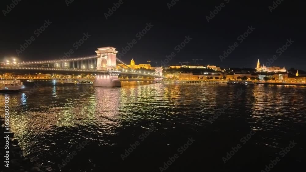 Night Budapest Hungary and illuminated bridge with ships Night Budapest Hungary and illuminated bridge with ships