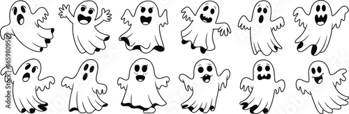 Cartoon ghost character set, twelve playful spooky vector illustrations with varied expressions, cute Halloween design for party, decoration, pattern, fun seasonal holiday themes
