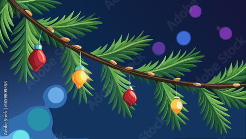 Pine branch with glowing festive lights in soft focus dark  decorative background vector illustration.