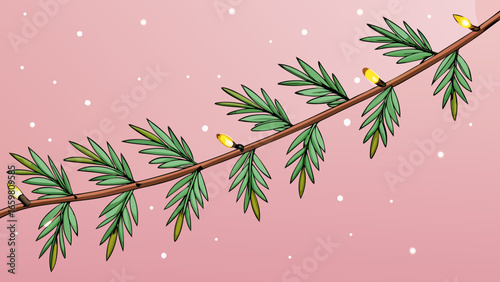 Pine branch with glowing festive lights in soft focus pink decorative background vector illustration.
