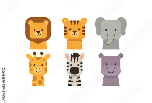 six flat vector of animals with perfectly heads and rounded corners minimal details flat colors child friendly style simple eyes and smiles like illustrations for kids books or flashcards: