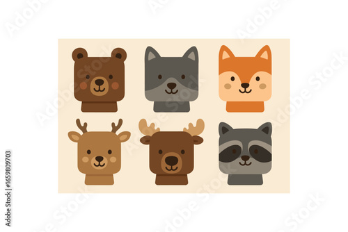 six flat vector of animals with perfectly heads and rounded corners minimal details flat colors child friendly style simple eyes and smiles like illustrations for kids books or flashcards: