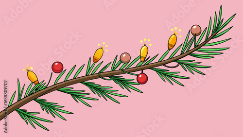 Pine branch with glowing festive lights in soft focus pink   background vector illustration.