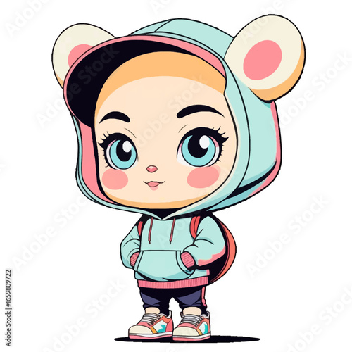 A cute, stylized cartoon girl with big blue eyes wearing a bear-eared hoodie and carrying a backpack, standing on a white background.