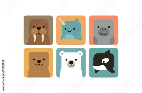 six flat vector of animals with perfectly heads and rounded corners minimal details flat colors child friendly style simple eyes and smiles like illustrations for kids books or flashcards: