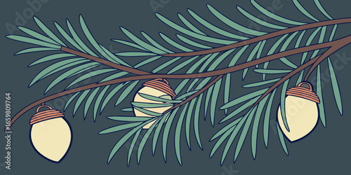 Pine branch with glowing festive lights in soft focus dark green  background vector illustration.