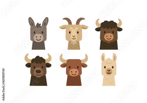 six flat vector of animals with perfectly heads and rounded corners minimal details flat colors child friendly style simple eyes and smiles like illustrations for kids books or flashcards: