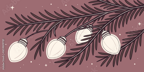 Pine branch with glowing festive lights in soft focus dark pink background vector illustration.