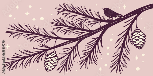 Pine branch with glowing festive lights in soft focus dark pink background vector illustration.