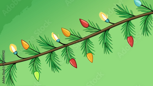 Pine branch with glowing festive lights in soft focus dark green background vector illustration.