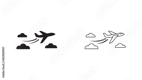 Airplane flying among clouds with transparent background