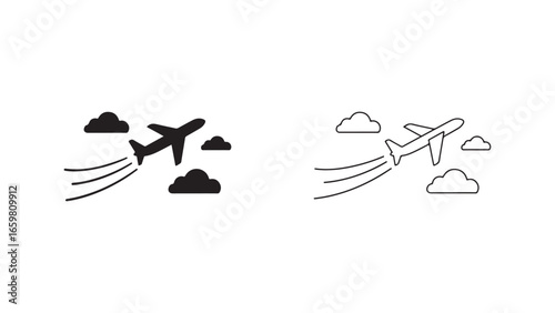 Airplane flying among clouds with transparent background