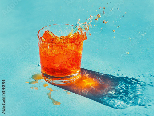 Refreshing splash of vibrant orange drink on a sunny blue background with ice cubes and droplets