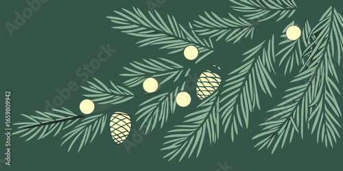 Pine branch with glowing festive lights in soft focus dark green background vector illustration.