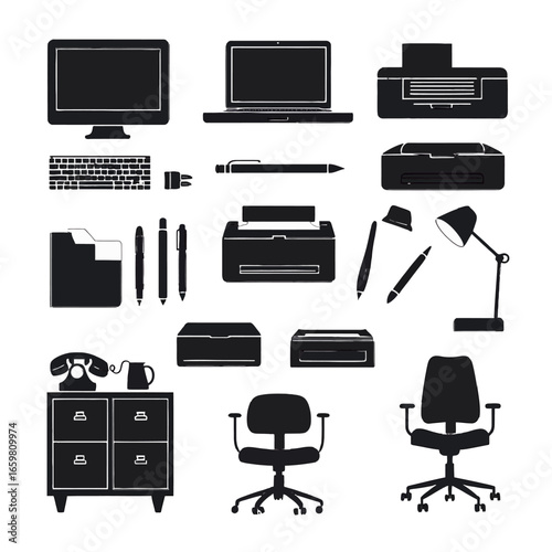 A comprehensive collection of black silhouette icons representing various essential office equipment, furniture, and supplies.