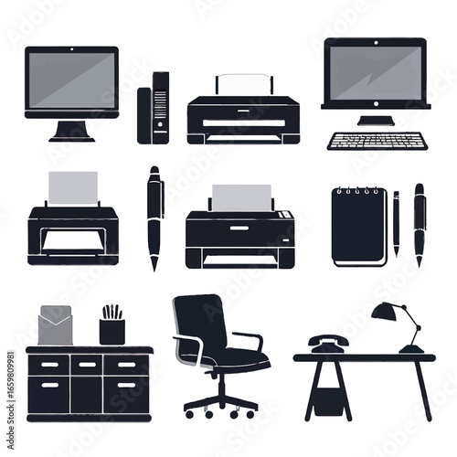 A comprehensive set of black silhouette icons representing common office equipment, furniture, and stationery items.