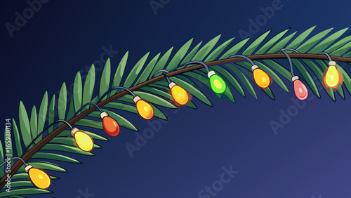 Pine branch with glowing festive lights in soft focus dark blue background vector illustration.
