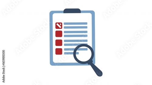 Rejected checkmark on task management and review icon in cartoon animation. Error checklist and magnifying glass symbol