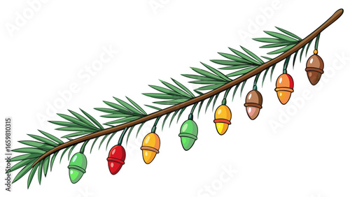 Pine branch with glowing festive lights in soft focus isolated background vector illustration.
