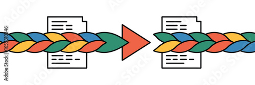 A braided rope connecting two documents with an arrow in the center on a white background design